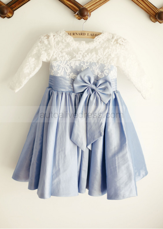 Elbow Sleeves Lace Blue Taffeta Flower Girl Dress